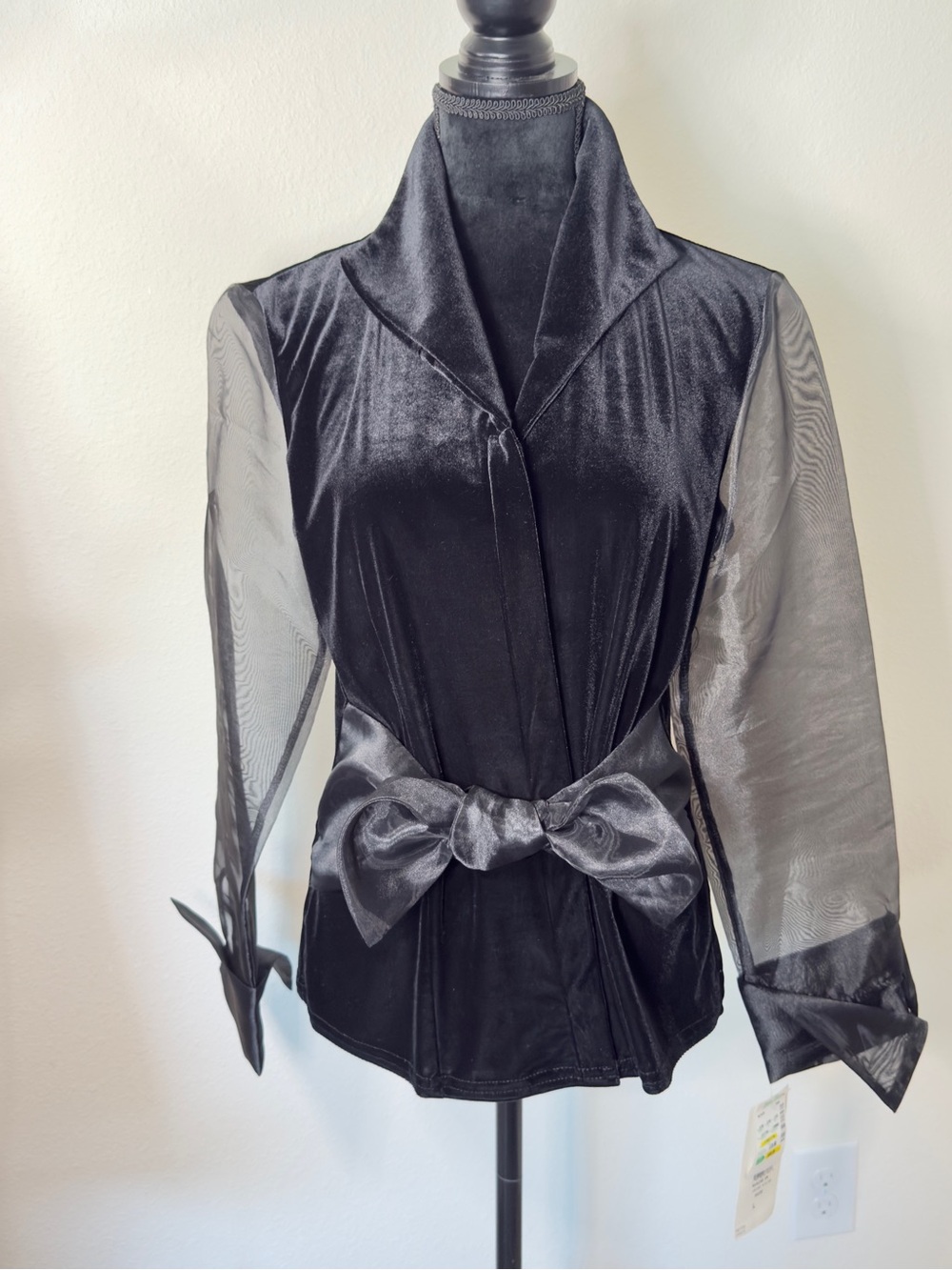 Black MSK Velvet Wrap Top with Sheer Sleeves and Bow